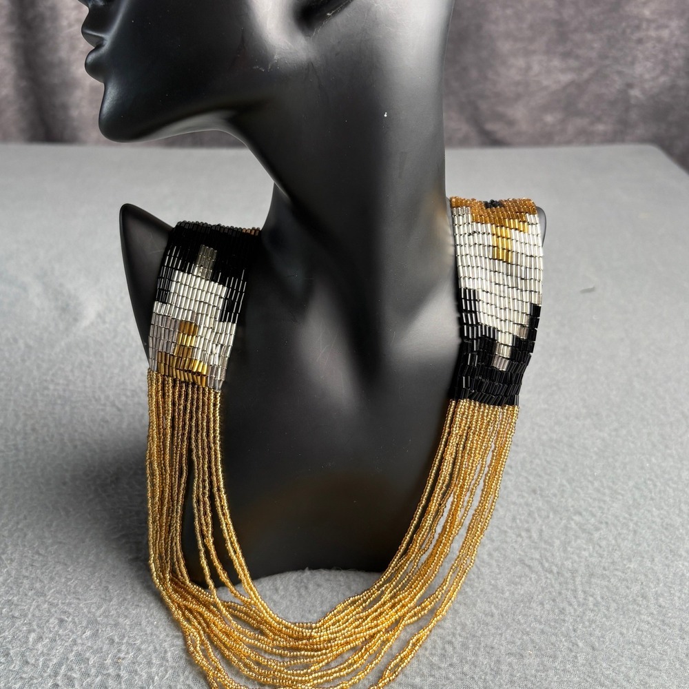 Handmade Geometric Beaded Statement Necklace Black Gold Silver Bugle Seed Bead
